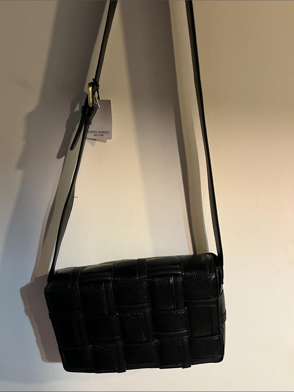 Sondra Roberts Black Woven Leather Crossbody Bag